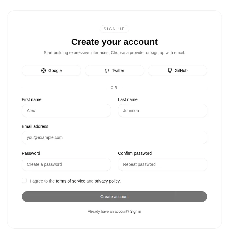 Harness screenshot of tripled-glass-sign-up-card-shadcnui at 768 pixels wide