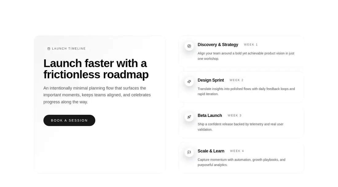 Harness screenshot of tripled-glassmorphism-launch-timeline-block-shadcnui at 1440 pixels wide
