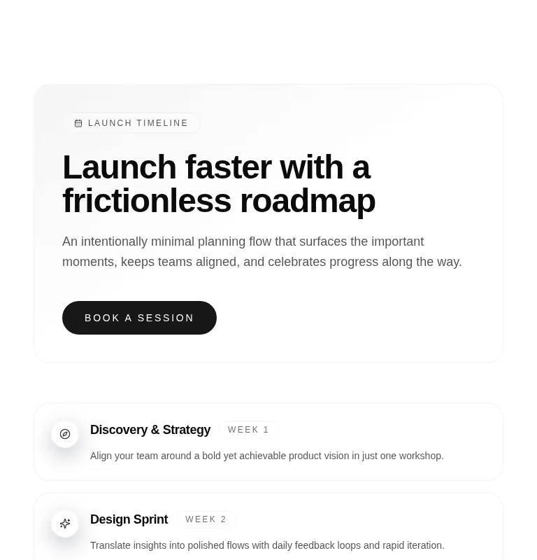 Harness screenshot of tripled-glassmorphism-launch-timeline-block-shadcnui at 768 pixels wide