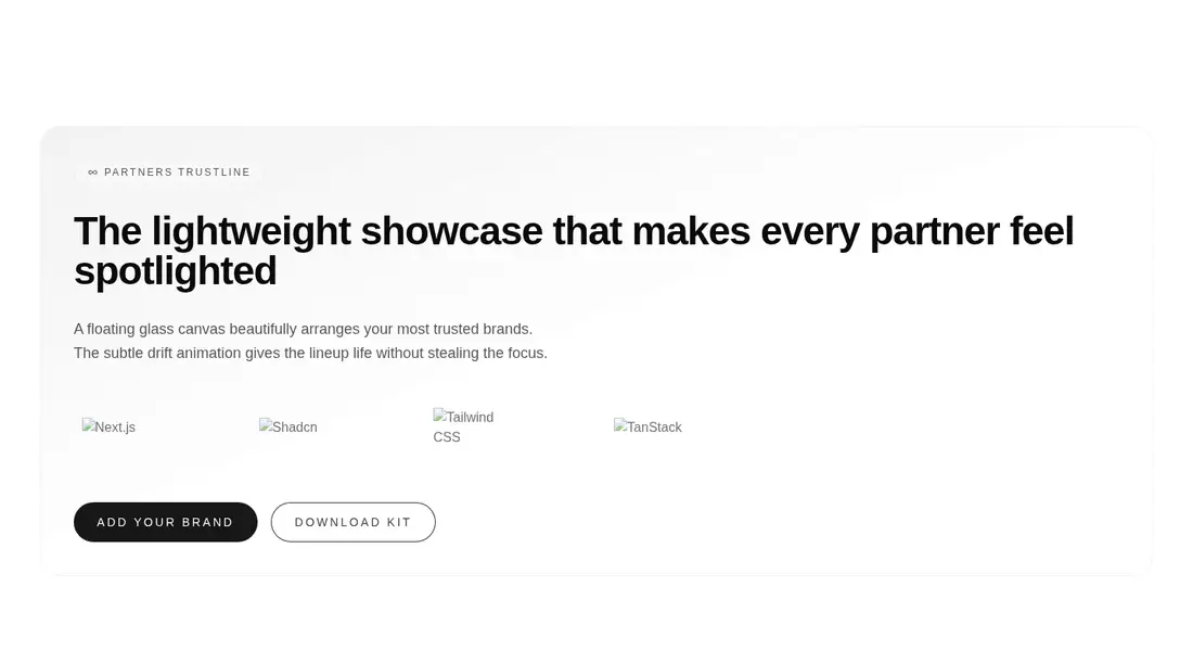 Harness screenshot of tripled-glassmorphism-logo-showcase-block-shadcnui at 1440 pixels wide