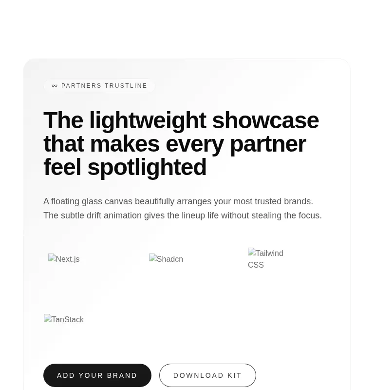 Harness screenshot of tripled-glassmorphism-logo-showcase-block-shadcnui at 768 pixels wide
