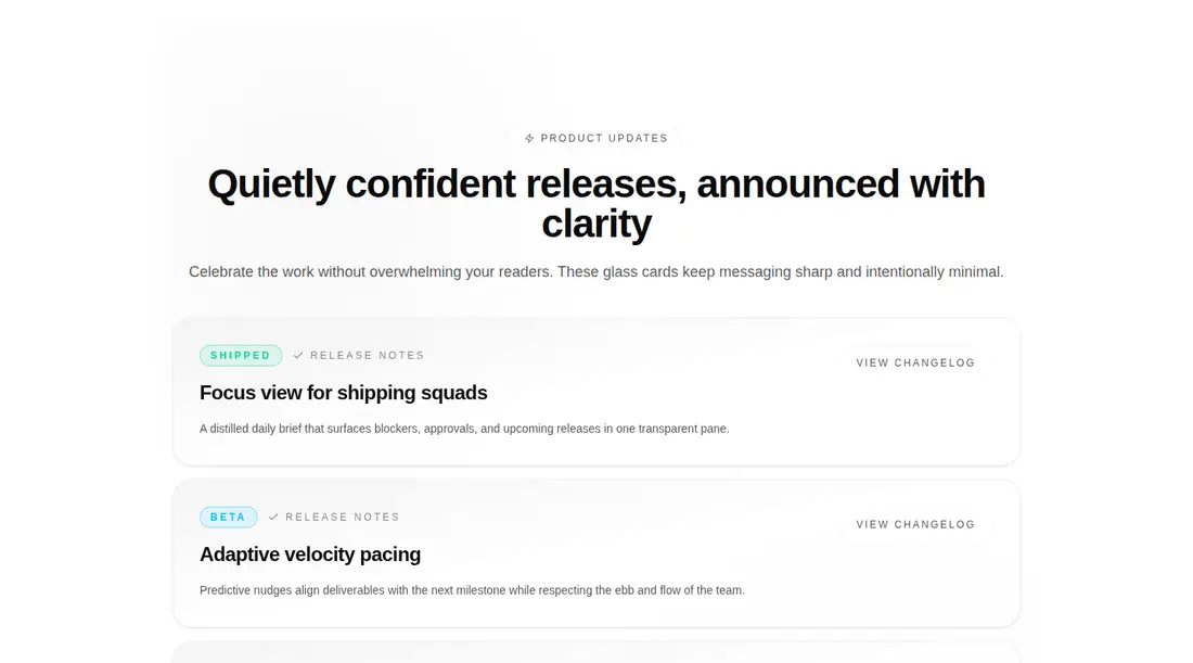 Harness screenshot of tripled-glassmorphism-product-update-block-shadcnui at 1440 pixels wide