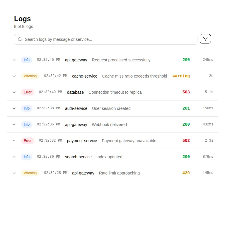 Harness screenshot of tripled-interactive-logs-table-shadcnui at 768 pixels wide