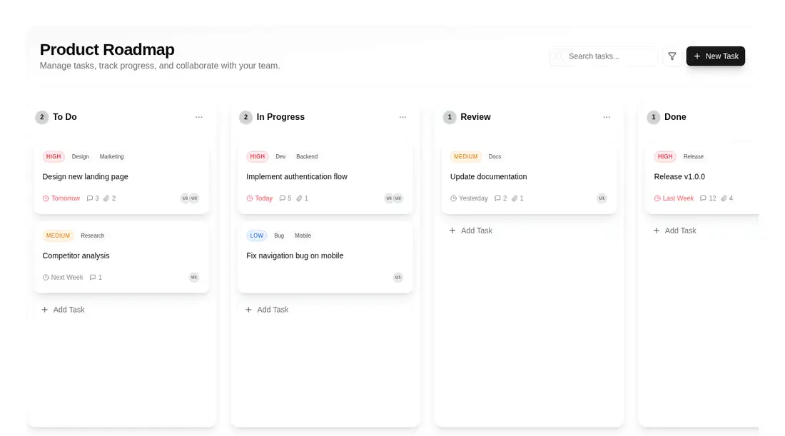 Harness screenshot of tripled-kanban-board-shadcnui at 1440 pixels wide