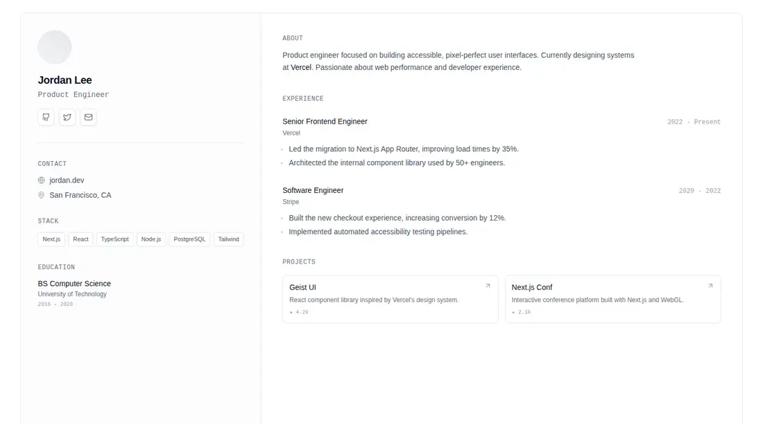 Harness screenshot of tripled-minimal-resume-shadcnui at 1440 pixels wide