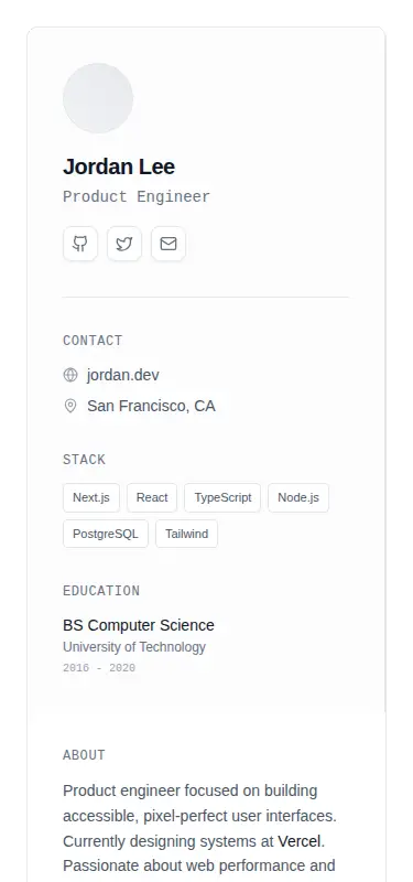 Harness screenshot of tripled-minimal-resume-shadcnui at 375 pixels wide