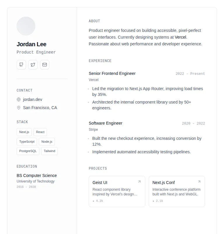 Harness screenshot of tripled-minimal-resume-shadcnui at 768 pixels wide