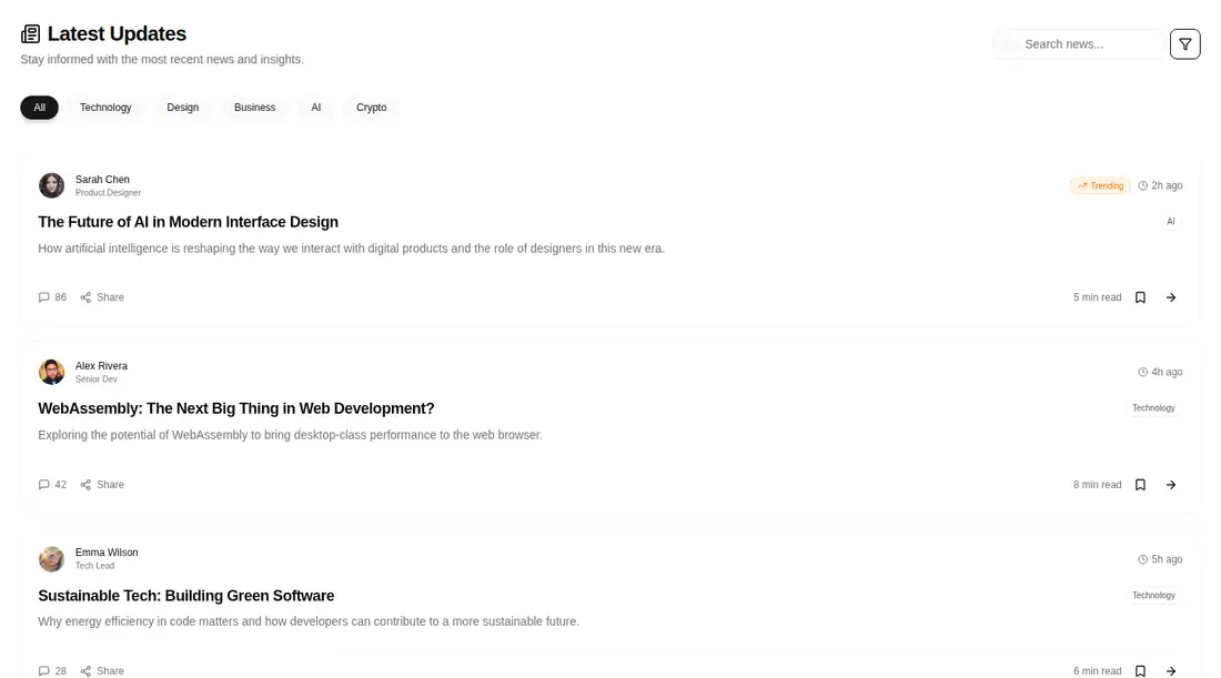 Harness screenshot of tripled-news-feed-shadcnui at 1440 pixels wide