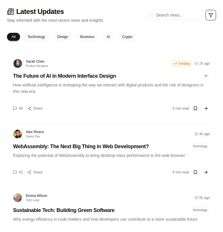 Harness screenshot of tripled-news-feed-shadcnui at 768 pixels wide