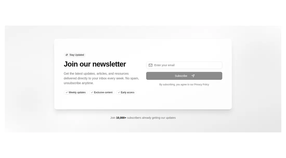 Harness screenshot of tripled-newsletter-signup-block-shadcnui at 1440 pixels wide