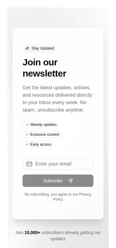 Harness screenshot of tripled-newsletter-signup-block-shadcnui at 375 pixels wide