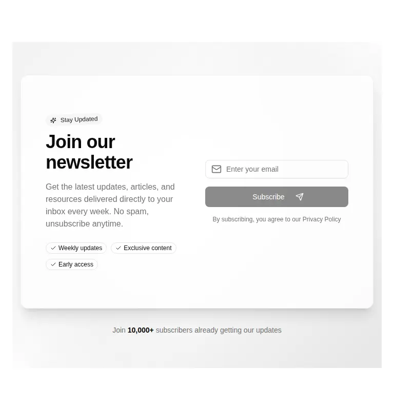 Harness screenshot of tripled-newsletter-signup-block-shadcnui at 768 pixels wide