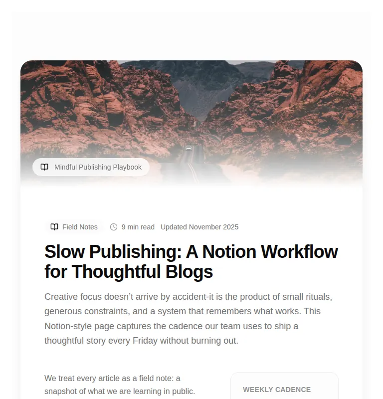 Harness screenshot of tripled-notion-blog-page-shadcnui at 768 pixels wide