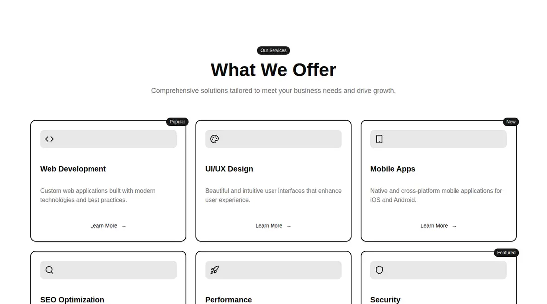 Harness screenshot of tripled-our-services-section-shadcnui at 1440 pixels wide