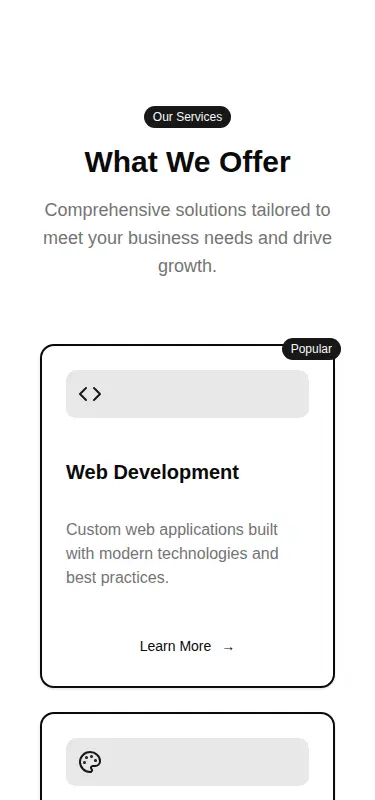 Harness screenshot of tripled-our-services-section-shadcnui at 375 pixels wide