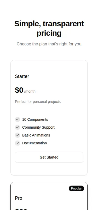 Harness screenshot of tripled-pricing-section-shadcnui at 375 pixels wide