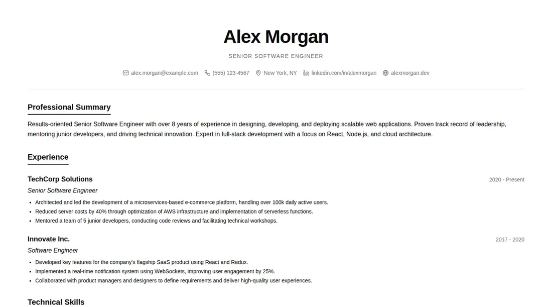 Harness screenshot of tripled-professional-resume-shadcnui at 1440 pixels wide