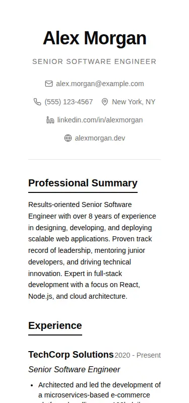 Harness screenshot of tripled-professional-resume-shadcnui at 375 pixels wide