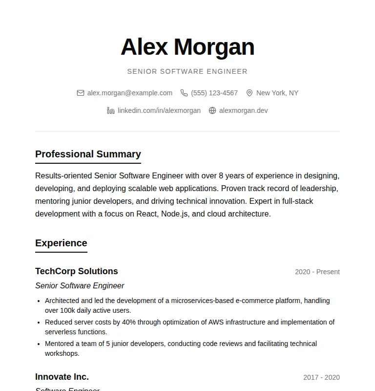 Harness screenshot of tripled-professional-resume-shadcnui at 768 pixels wide
