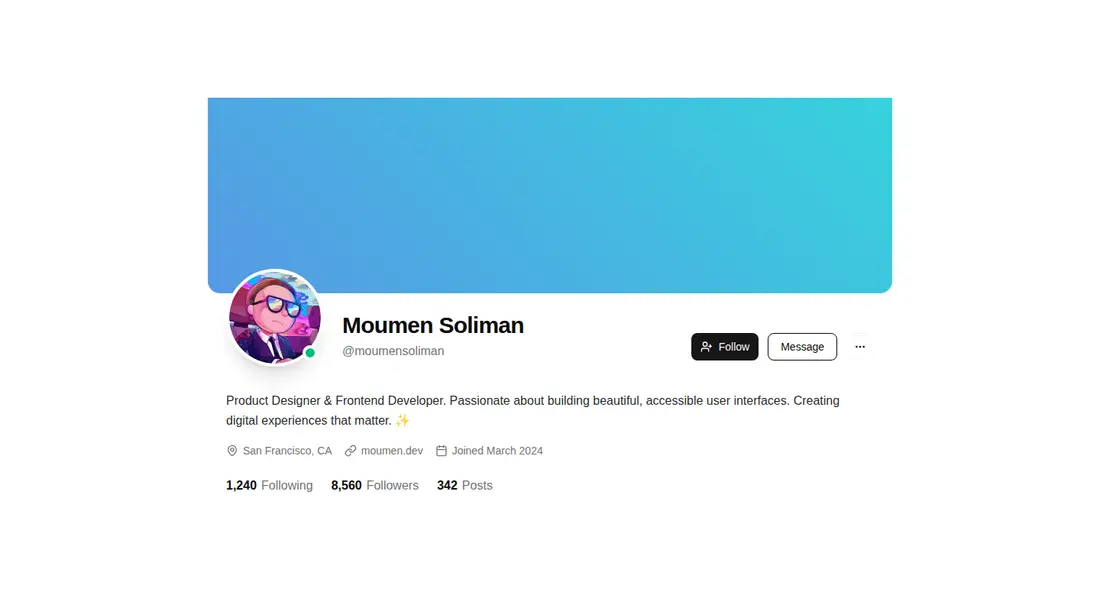 Harness screenshot of tripled-profile-page-shadcnui at 1440 pixels wide