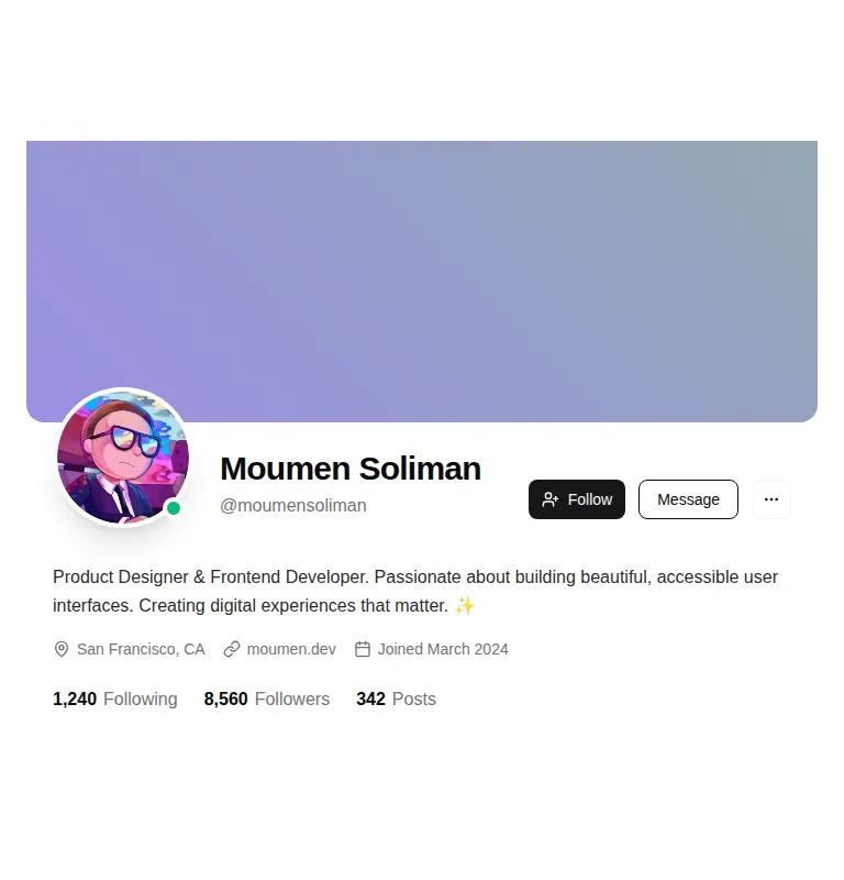Harness screenshot of tripled-profile-page-shadcnui at 768 pixels wide