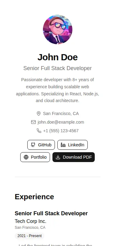 Harness screenshot of tripled-resume-card-shadcnui at 375 pixels wide
