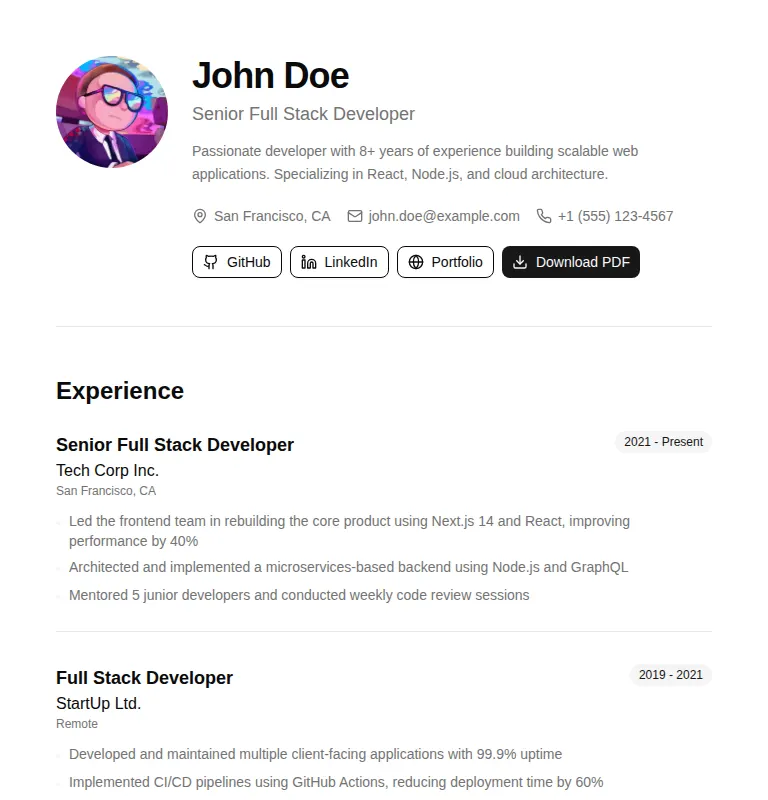 Harness screenshot of tripled-resume-card-shadcnui at 768 pixels wide