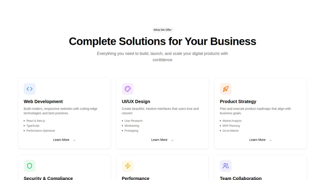 Harness screenshot of tripled-services-grid-block-shadcnui at 1440 pixels wide