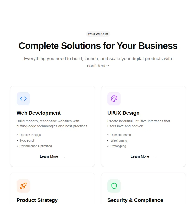Harness screenshot of tripled-services-grid-block-shadcnui at 768 pixels wide
