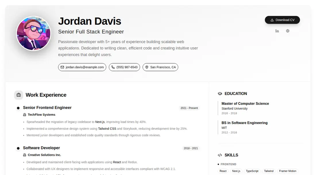 Harness screenshot of tripled-standard-resume-shadcnui at 1440 pixels wide