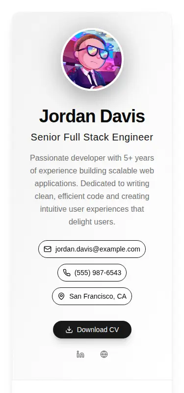 Harness screenshot of tripled-standard-resume-shadcnui at 375 pixels wide