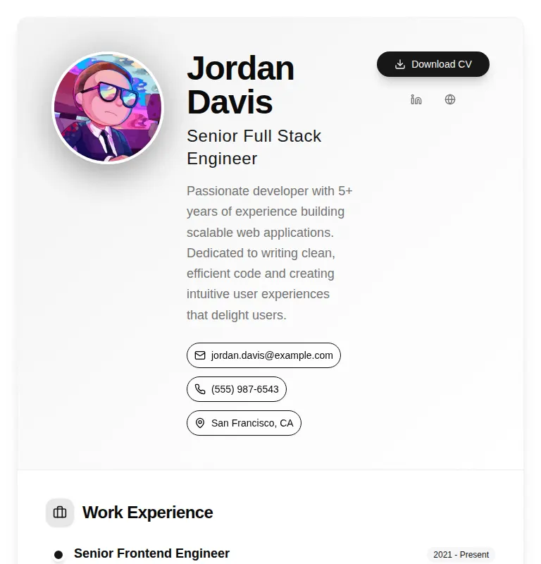 Harness screenshot of tripled-standard-resume-shadcnui at 768 pixels wide