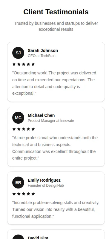 Harness screenshot of tripled-testimonials-block-shadcnui at 375 pixels wide