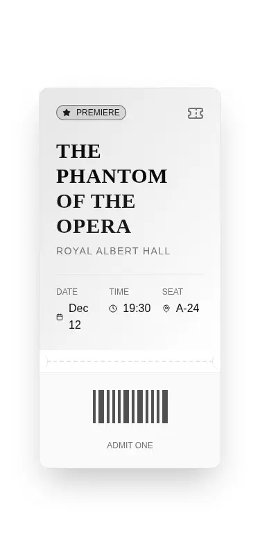 Harness screenshot of tripled-theater-ticket-shadcnui at 375 pixels wide
