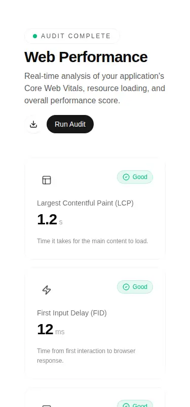 Harness screenshot of tripled-web-performance-page-shadcnui at 375 pixels wide
